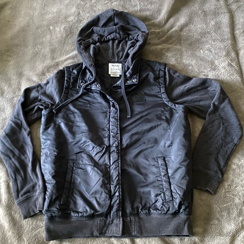 RVCA Puffer Hoodie Jacket Size M Mens Snap Button Black Balance Of The Opposite